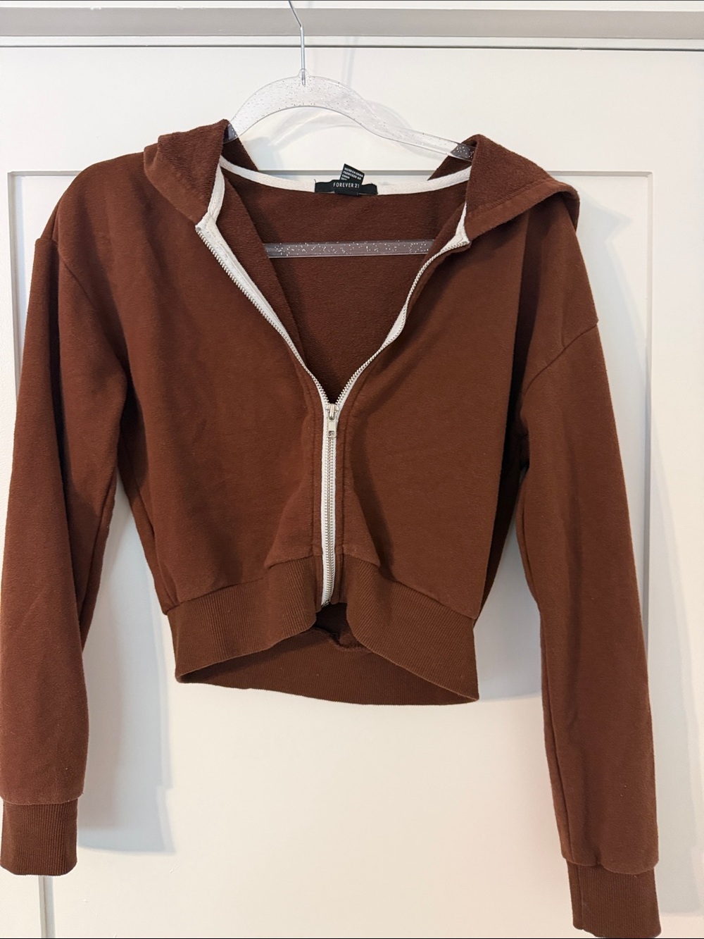 Forever 21 Brown Cropped Zip Hoodie with White Trim